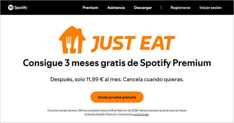 spotify premium 3 meses gratis con Just Eat