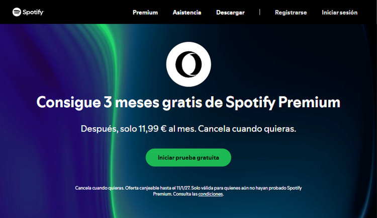 spotify premium 3 meses gratis con Opera