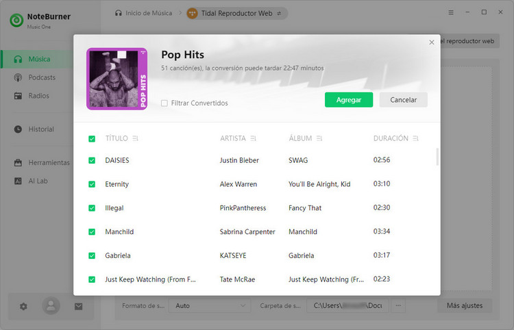 agregar canciones a noteburner